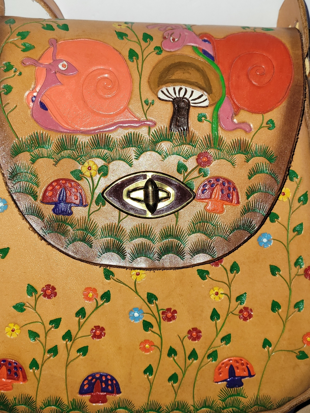 Hand-Painted Tan Leather Crossbody Bag with Floral & Mushroom Motif - Picture 2 of 9